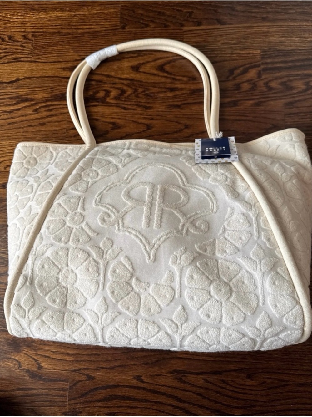 Cream Quilted Floral Tote Bag with Dual Handles